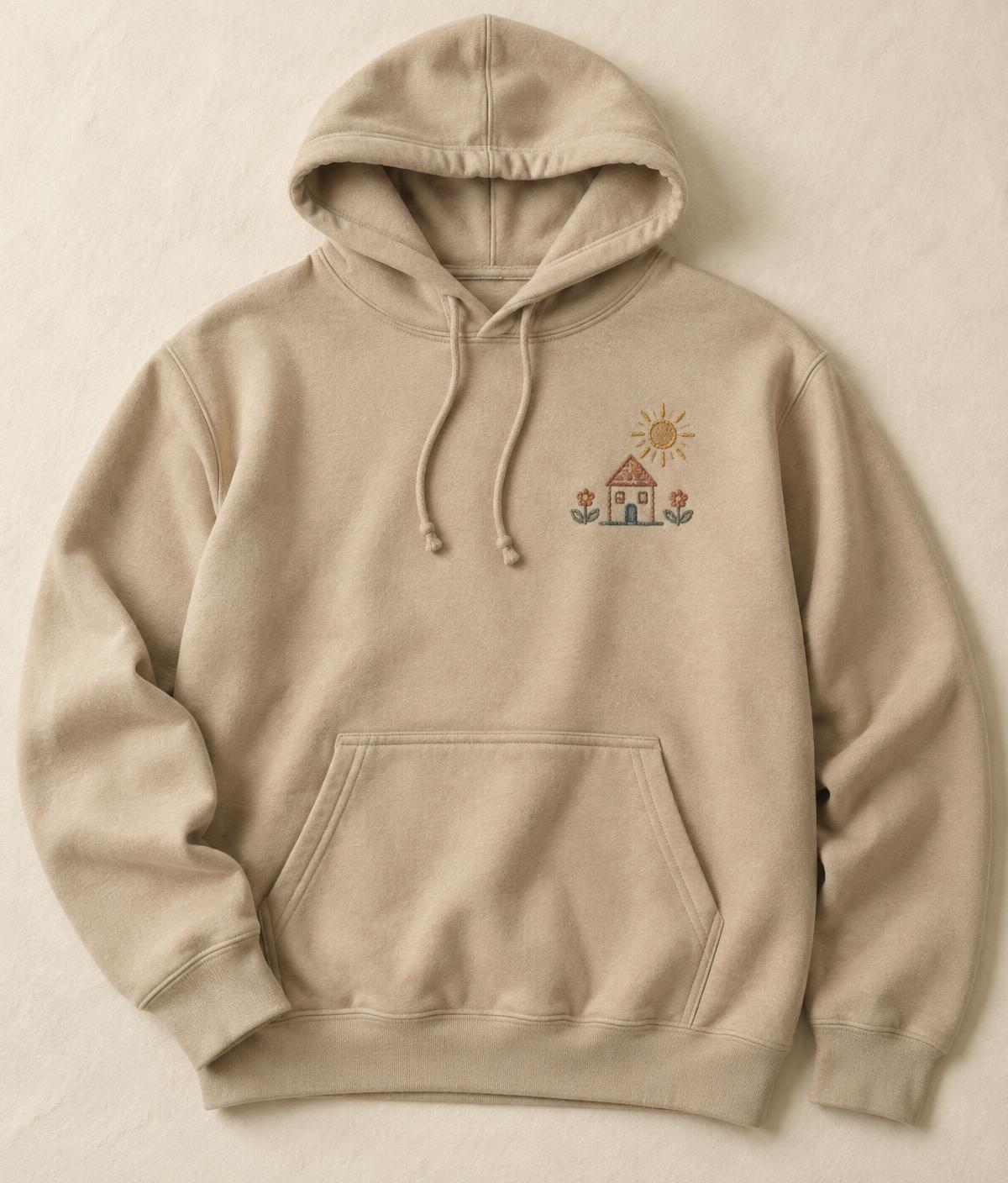Sand hoodie with a child's house drawing embroidered on the chest